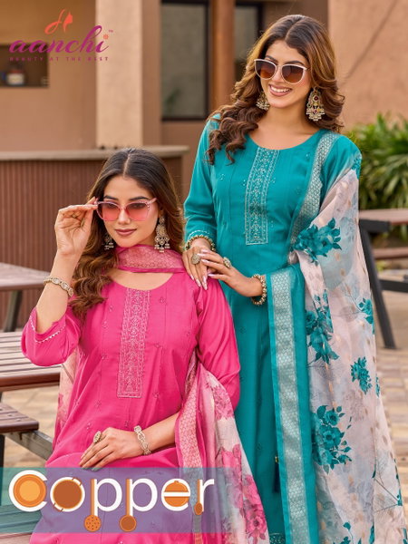 Copper By Aanchi Roman Silk Wholesale Kurti With Bottom Dupatta In India